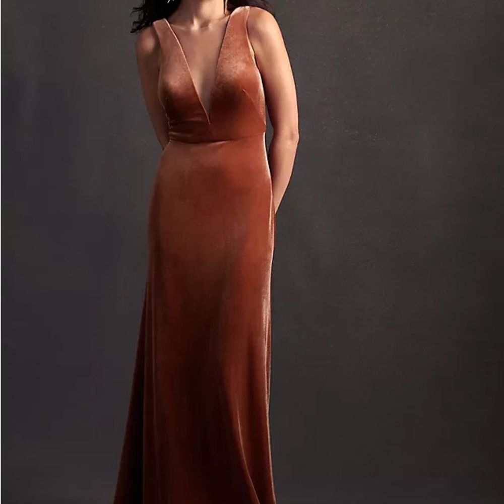 Jenny Yoo Velvet Maxi Gown in Rust Brown
